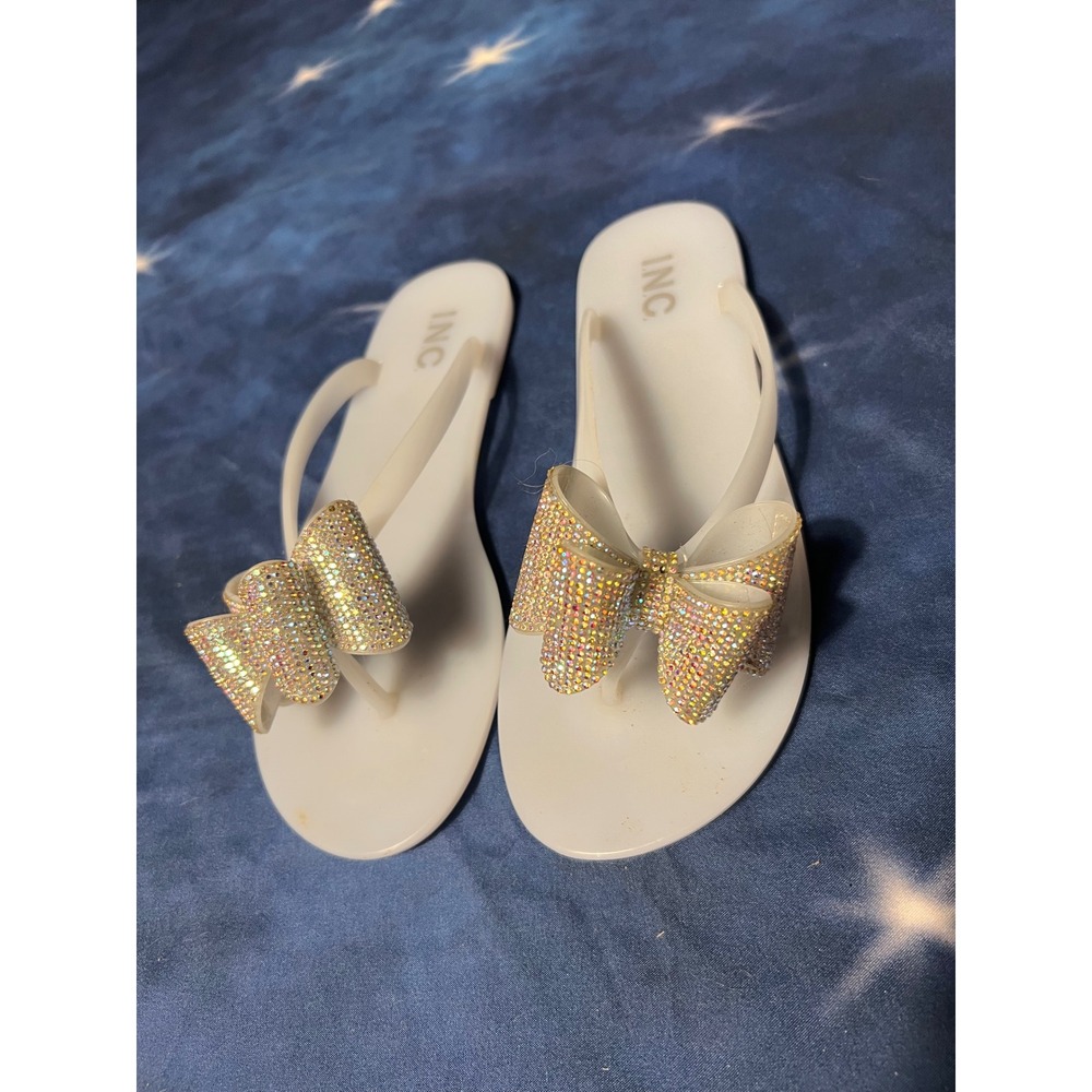 INC International Concepts White Jelly Flip Flop Sandals Rhinestone Bow Thong